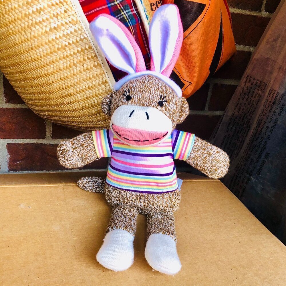 Dan Dee Easter Sock Monkey 14.5-in Plush w/ Bunny Ears & Striped Shirt MTY